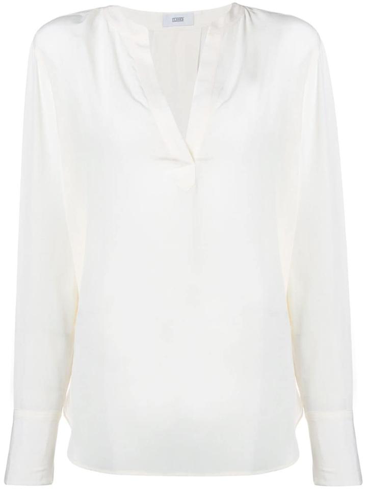 Closed V-neck Long-sleeve Blouse - Nude & Neutrals