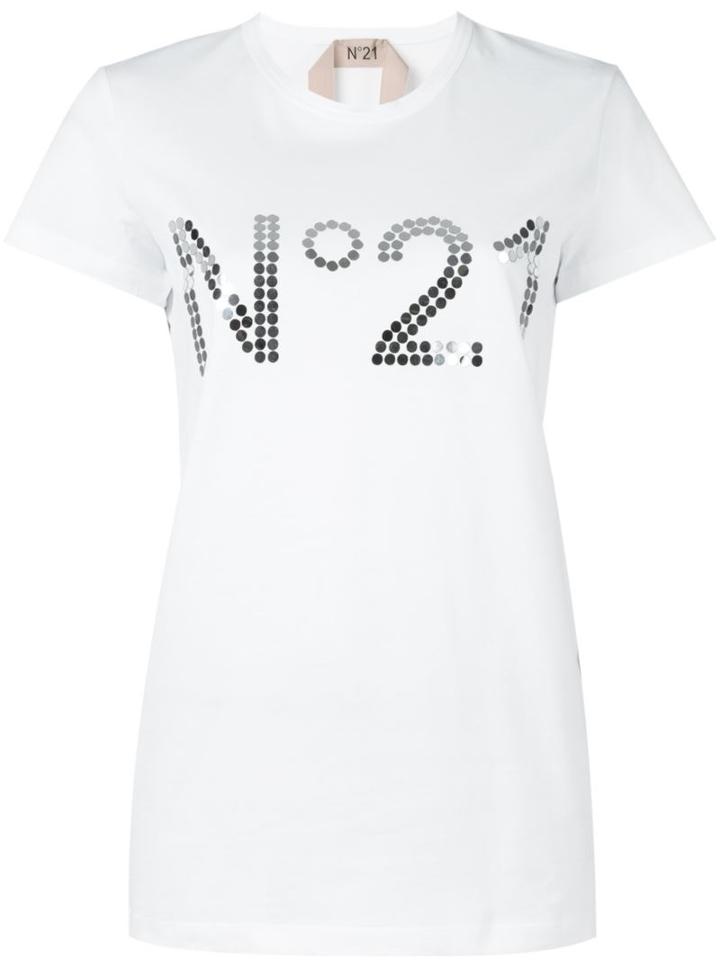 No21 Embellished Logo T-shirt, Women's, Size: 42, White, Cotton