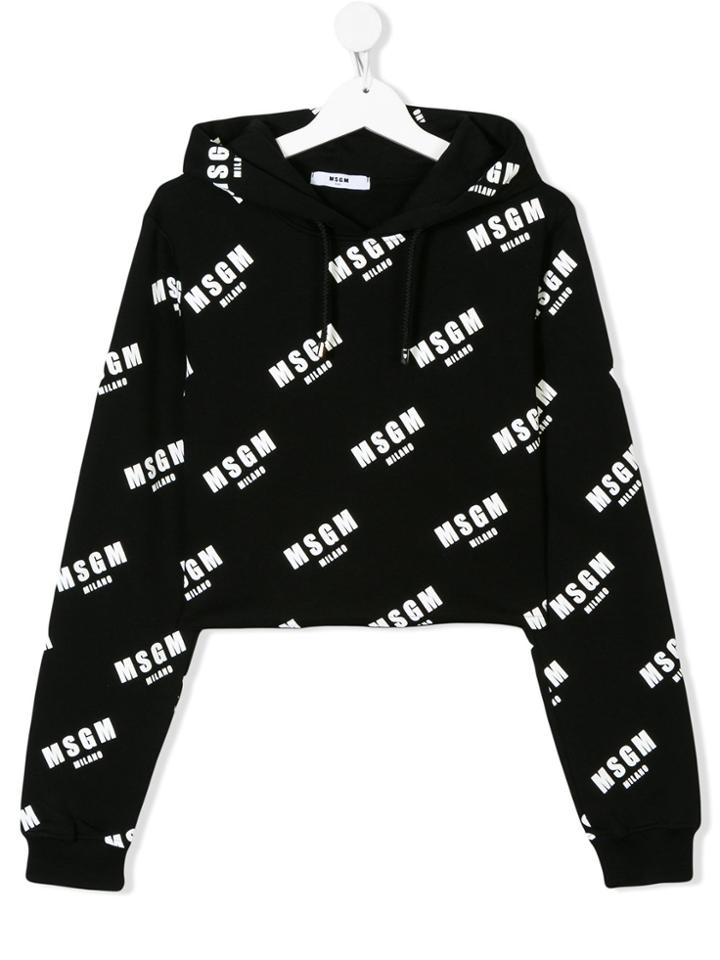 Msgm Kids Teen Monogram Printed Cropped Hoodie - Black