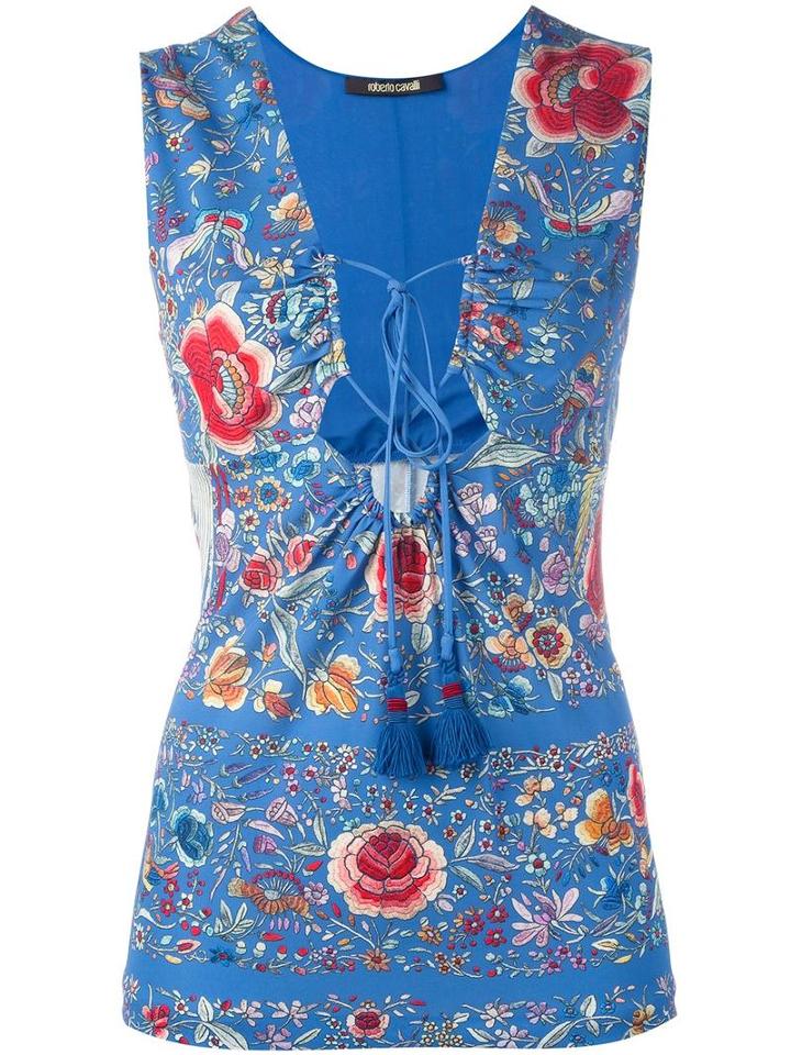 Roberto Cavalli Lace-up V-neck Blouse, Women's, Size: 44, Blue, Viscose