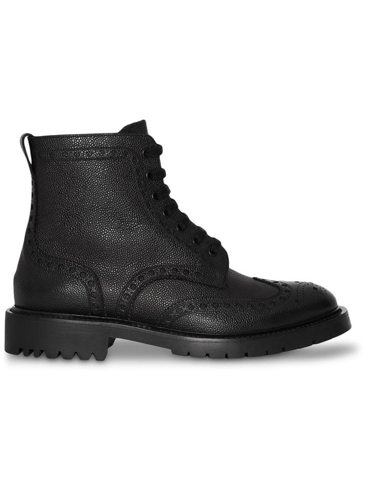 Burberry Brogue Detail Grainy Leather Boots - Black