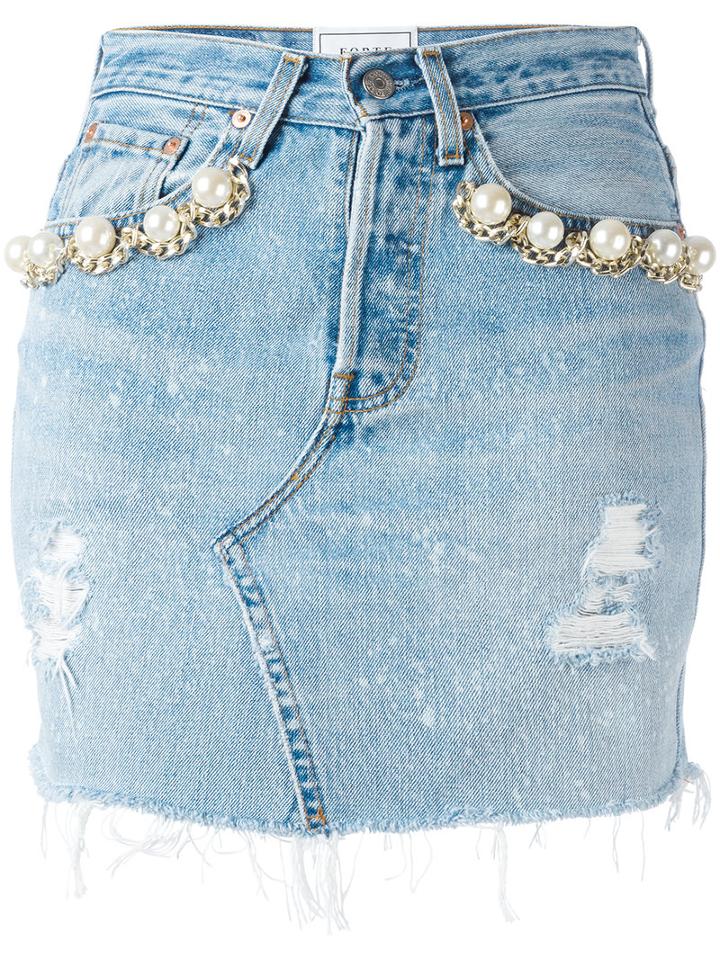 Forte Couture Pearl Embellished Denim Skirt, Women's, Size: 28, Blue, Cotton