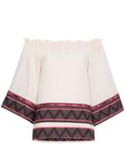 Celia Dragouni Off-shoulder Zig Zag Embroidered Cotton Top - Neutrals