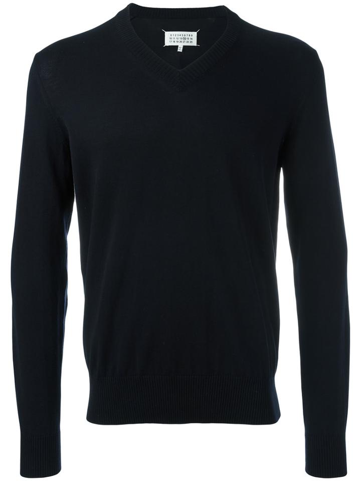 Maison Margiela V-neck Elbow Patch Jumper, Men's, Size: Small, Blue, Cotton