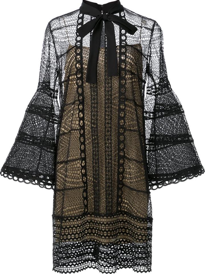 Carolina Herrera Embroidered Bell Sleeve Dress, Women's, Size: 6, Black, Silk/cotton