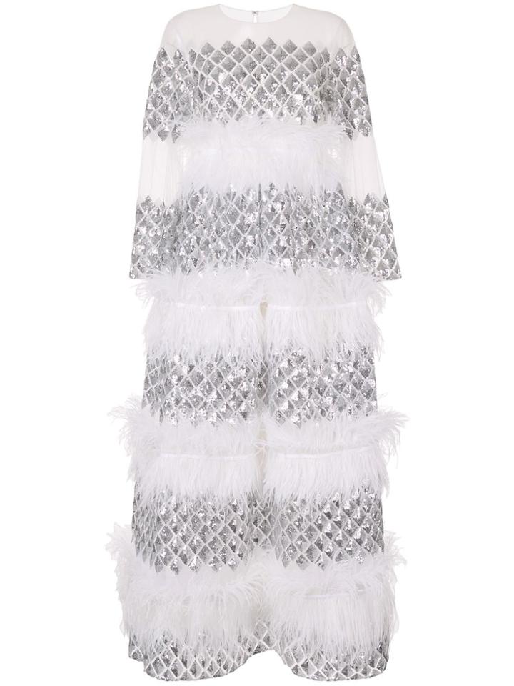 Huishan Zhang Anais Tiered Feather Gown - White