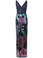 Marchesa Notte Fitted Floral Sequinned Dress - Navy