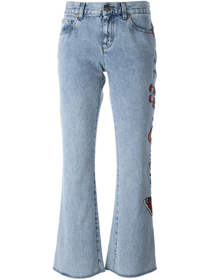 Gucci Embroidered Flower Flared Jeans, Women's, Size: 30, Blue, Cotton/polyester