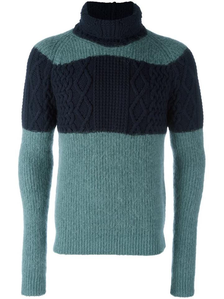Kolor Striped Cable Knit Jumper, Men's, Size: 1, Blue, Mohair/wool/alpaca