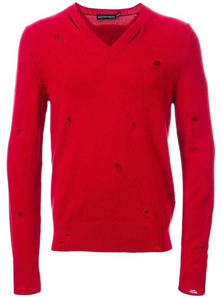 Alexander Mcqueen Distressed Knit Jumper, Men's, Size: Large, Red, Cashmere