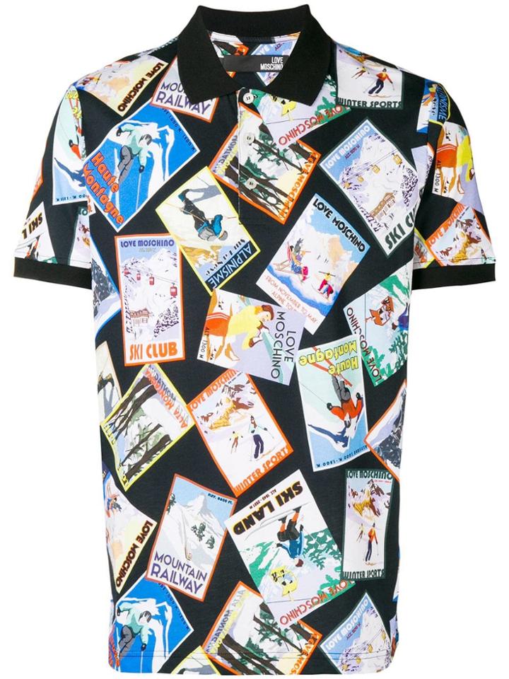 Love Moschino Mixed Post Cards Print Polo - Black