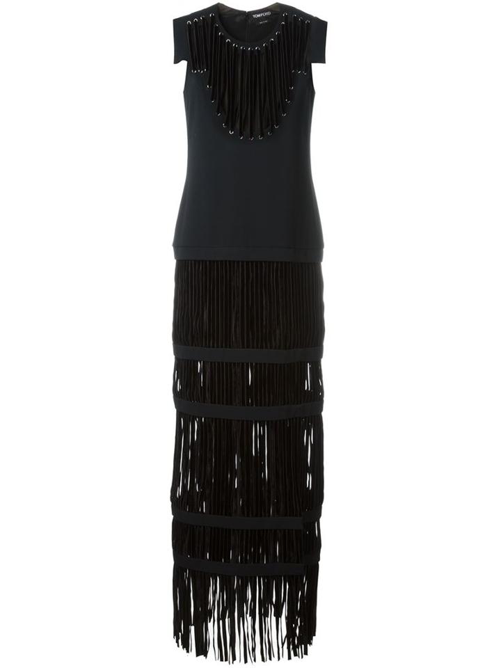 Tom Ford Fringed Bottom Sleeveless Evening Dress, Women's, Size: 40, Black, Viscose/acetate/silk/polyamide