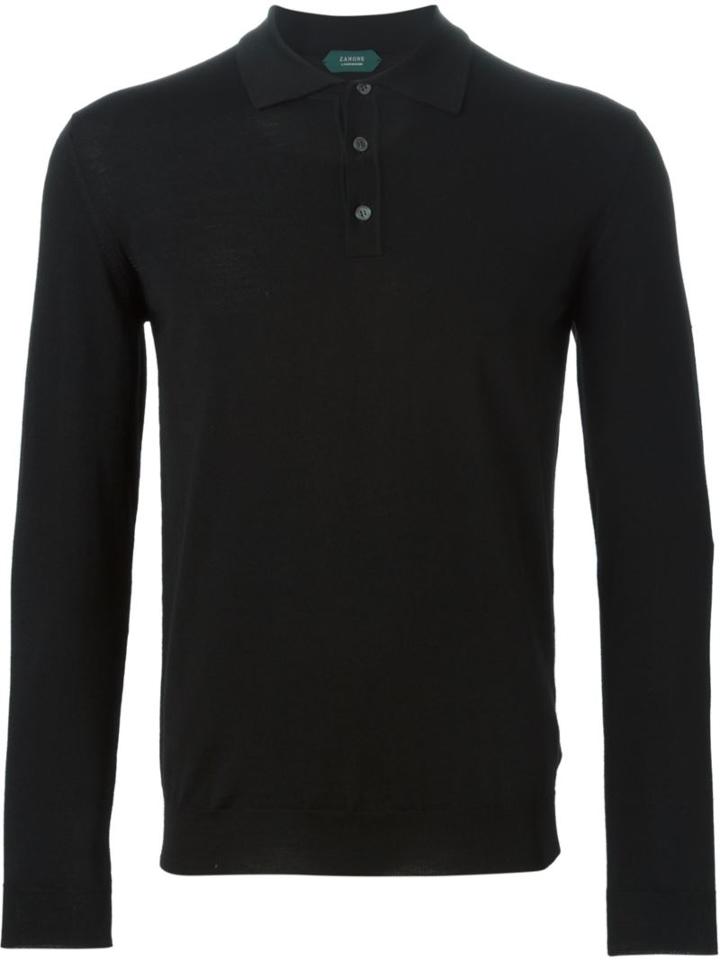 Zanone Long Sleeve Polo Shirt, Men's, Size: 52, Black, Polyamide/virgin Wool