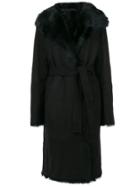Joseph Tie-waist Fur Trim Coat - Black
