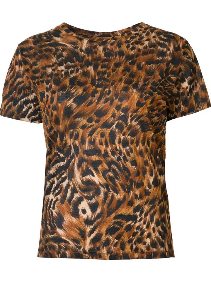 Saint Laurent Leopard And Feather Print T-shirt, Women's, Size: Xs, Brown, Cotton