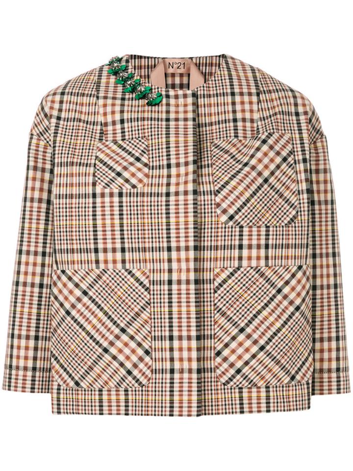 No21 Check Embellished Jacket - Brown