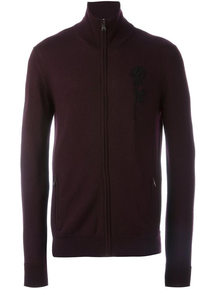 Dolce & Gabbana Embroidered Rose Patch Cardigan, Men's, Size: 50, Pink/purple, Silk/virgin Wool
