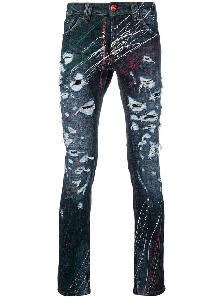Philipp Plein Paint-effect Distressed Jeans - Blue