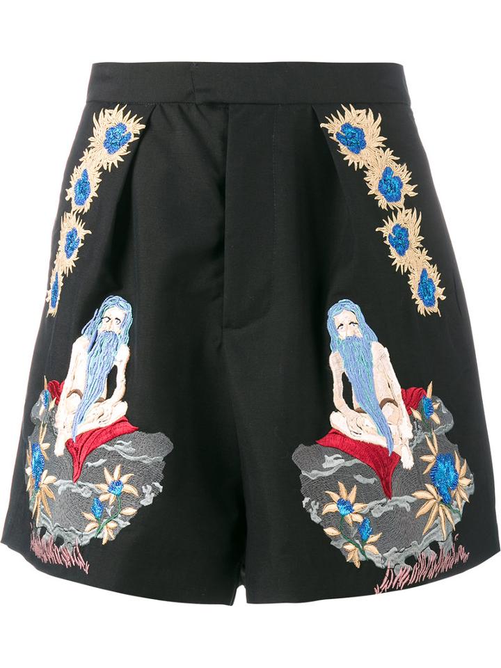 Edward Crutchley Embroidered Shorts, Men's, Size: Medium, Black, Wool/mohair/polyester
