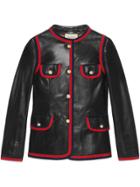 Gucci Leather Jacket With Ribbon Trim - Black