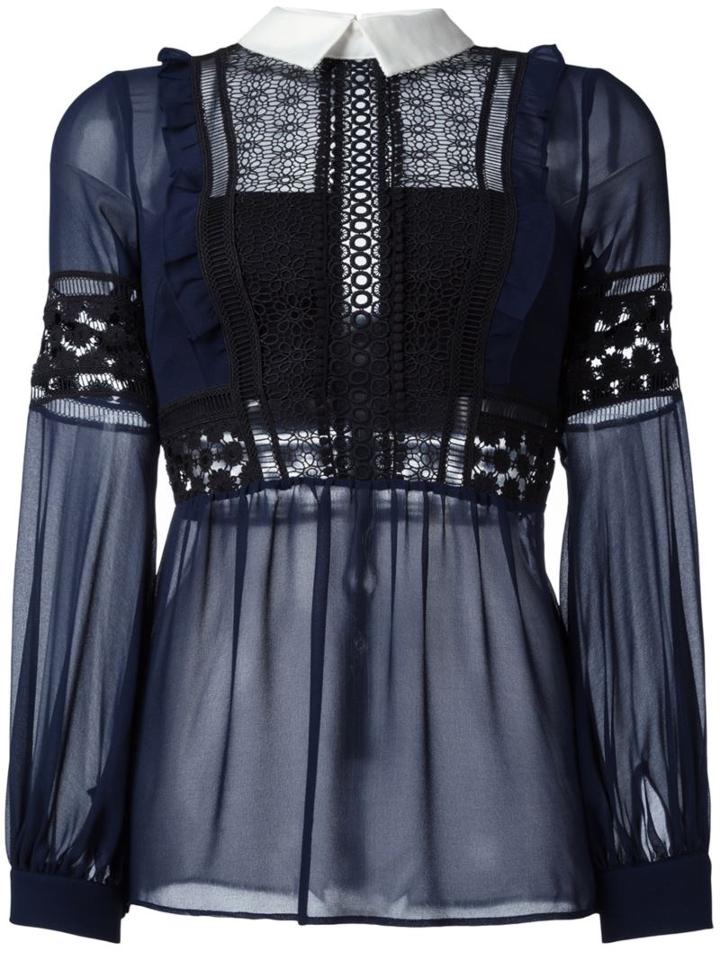 Self-portrait Embroidered Sheer Blouse, Women's, Size: 12, Blue, Polyester/cotton