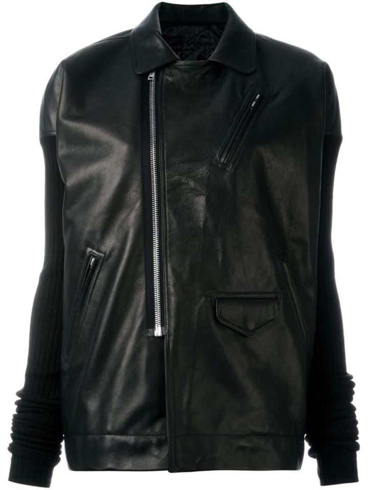 Rick Owens Ribbed Sleeve Leather Jacket, Women's, Size: 42, Black, Calf Leather/polyester/cupro/virgin Wool
