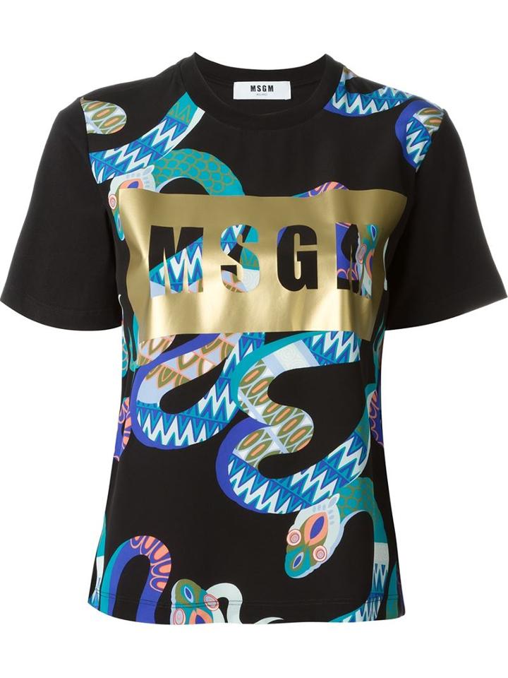 Msgm Snake Print Logo T-shirt, Women's, Size: Medium, Black, Cotton