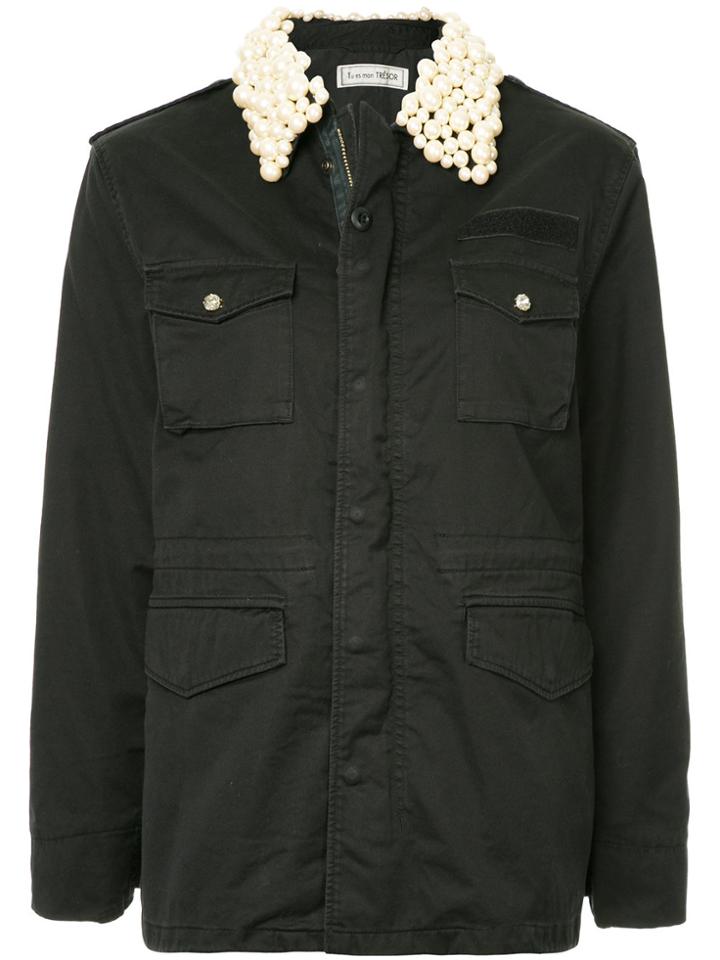 Tu Es Mon Trésor Pearl Collar Military Jacket - Black