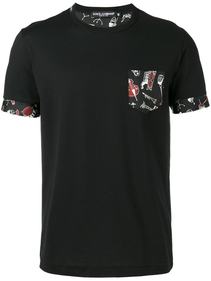 Dolce & Gabbana Musical Instrument Print Chest Pocket T-shirt, Men's, Size: 50, Black, Silk/cotton