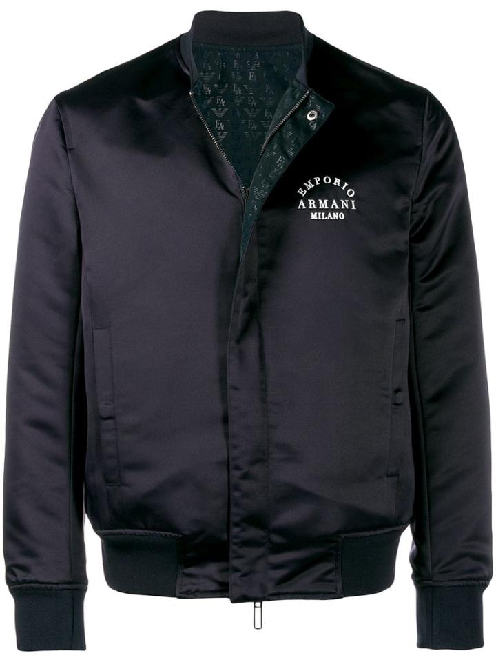 Emporio Armani Embroidered Satin Bomber Jacket - Blue