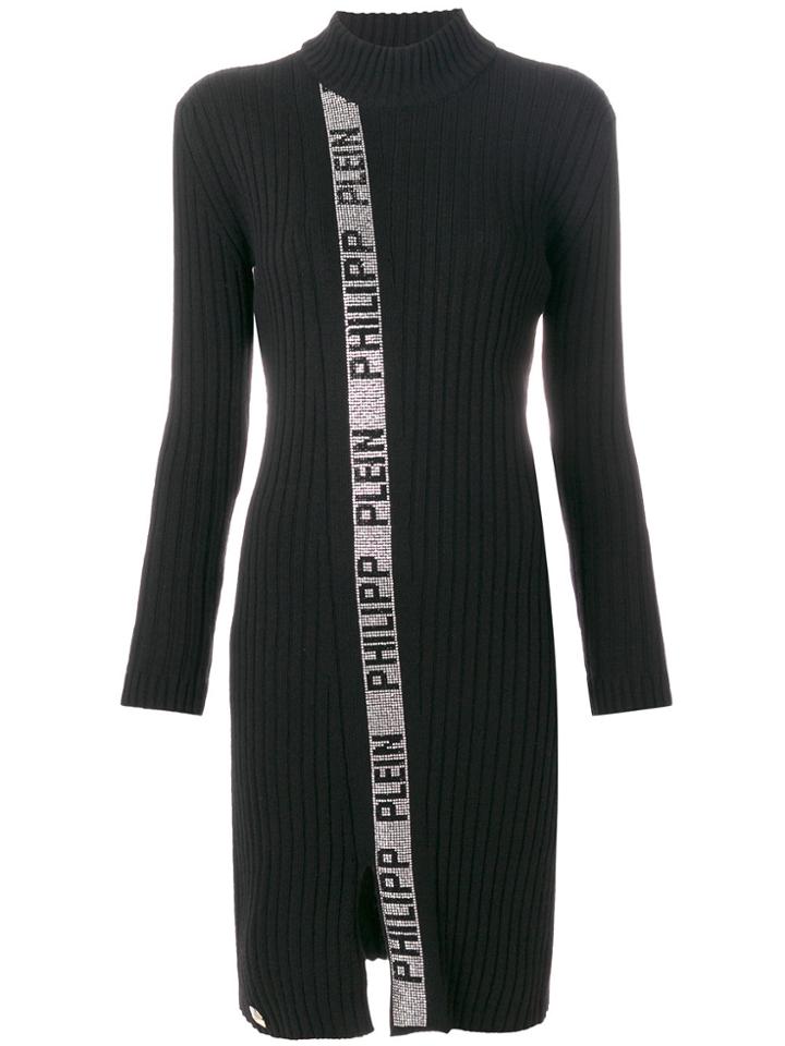 Philipp Plein Funnel Neck Rib Knit Metallic Trimmed Dress - Black