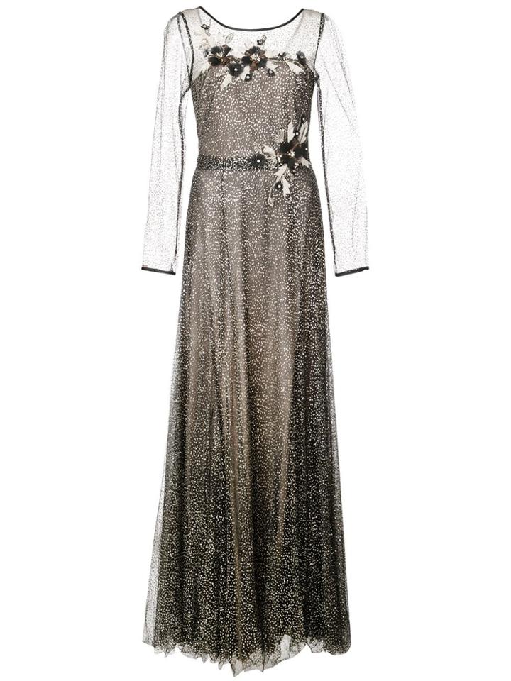 Marchesa Notte Floral Appliqué Evening Dress - Black