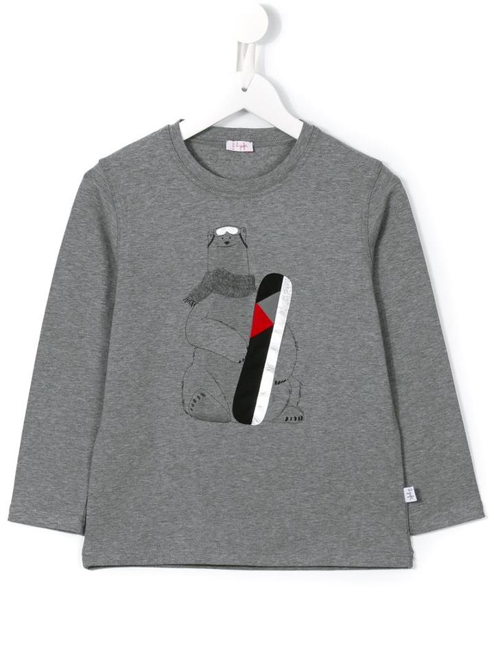 Il Gufo Snowboarding Bear T-shirt, Boy's, Size: 8 Yrs, Grey