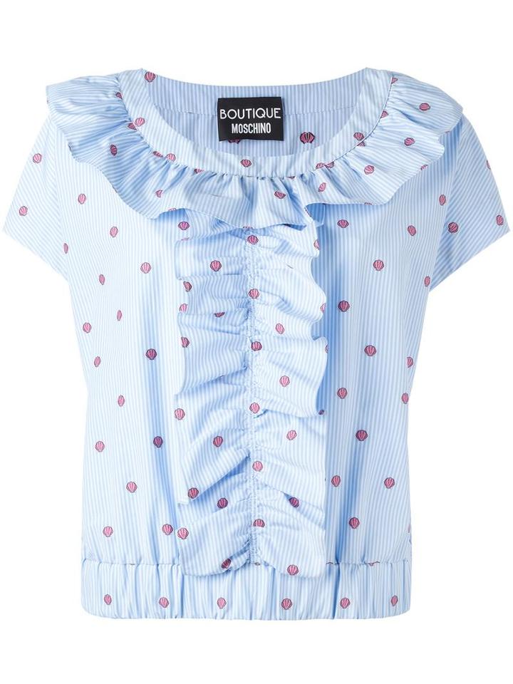 Boutique Moschino Shell Embroidered Striped Blouse, Women's, Size: 42, Blue, Cotton
