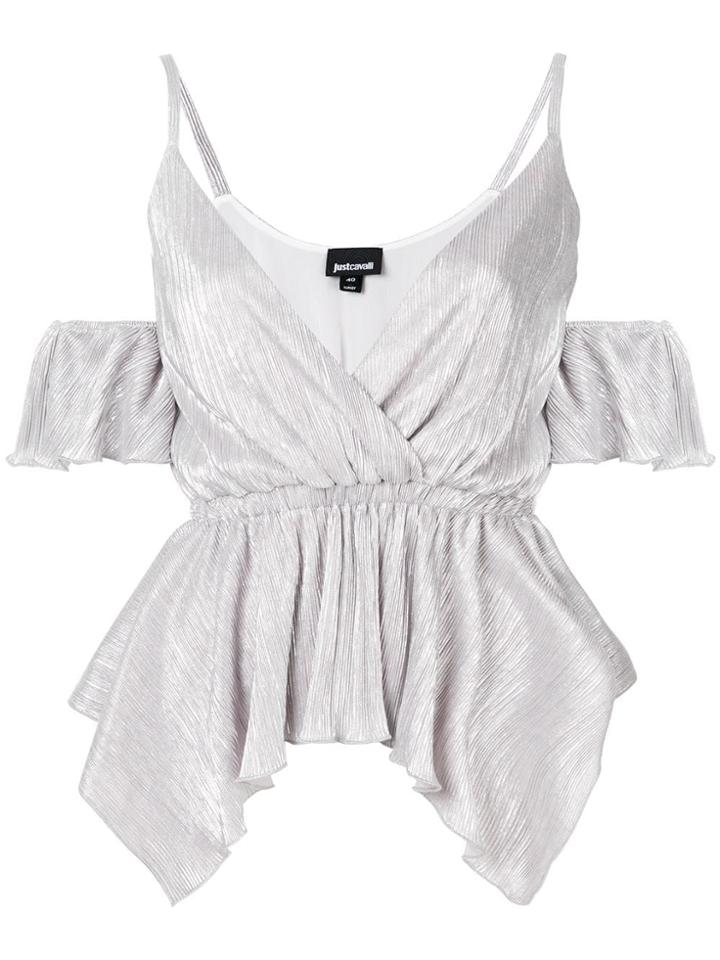 Just Cavalli Micro Pleated Ruffle Top - Silver