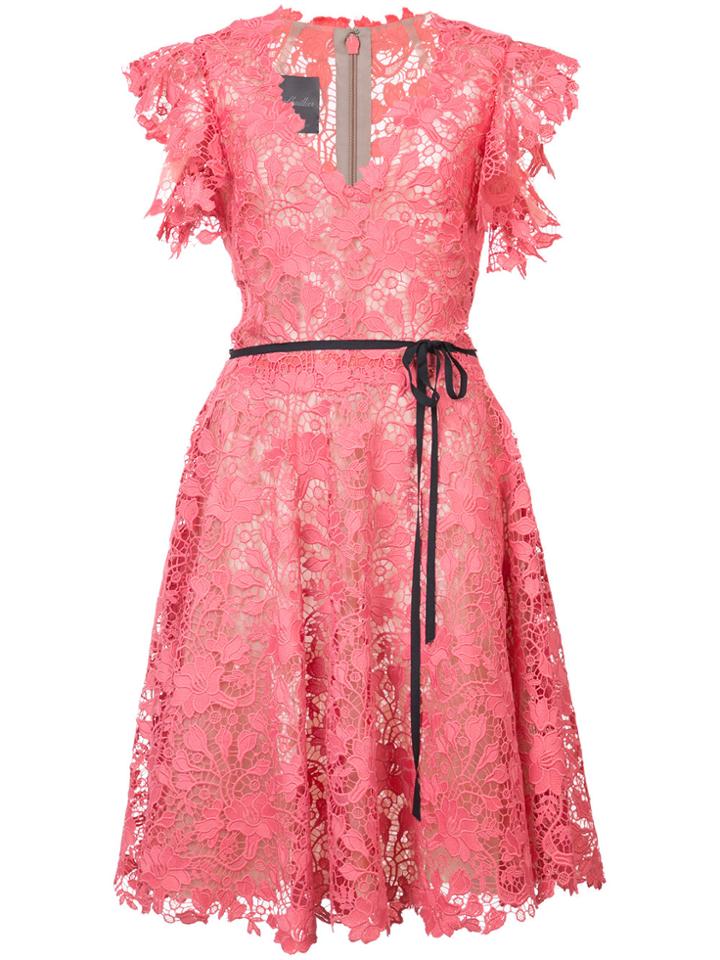 Monique Lhuillier Belted Lace Dress - Pink & Purple