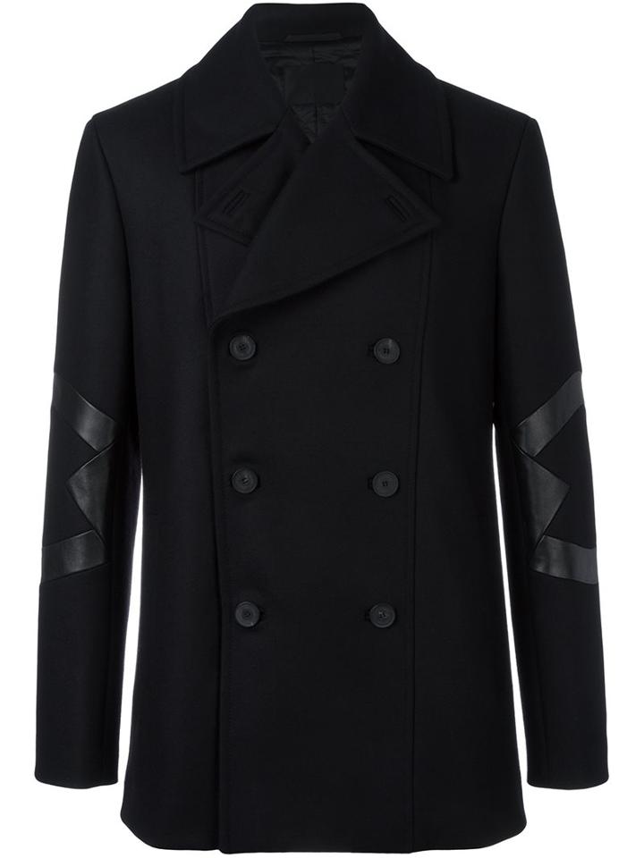 Les Hommes Panelled Double Breasted Coat, Men's, Size: 52, Black, Leather/polyamide/polyester/virgin Wool