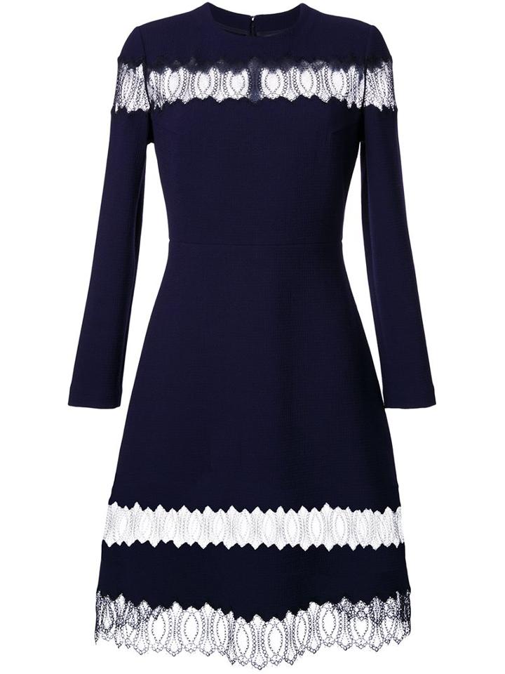 Huishan Zhang Sheer Lace Panel Flared Dress, Women's, Size: 12, Blue, Polyester/spandex/elastane/viscose/wool