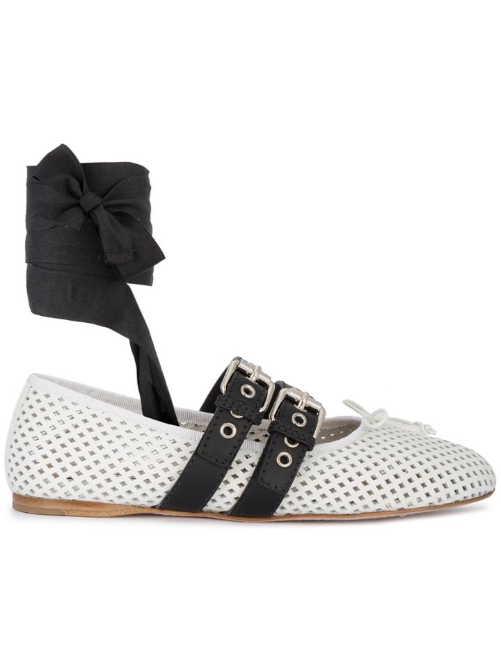 Miu Miu White Leather Mesh Double Buckle Ballerina Flats