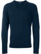 Dolce & Gabbana Fine Knit V-neck Jumper, Men's, Size: 46, Blue, Cotton