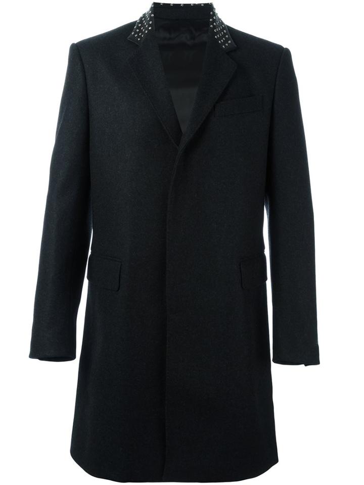 Les Hommes - Long Studded Collar Coat - Men - Leather/polyamide/viscose/virgin Wool - 48, Black, Leather/polyamide/viscose/virgin Wool