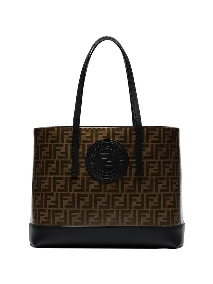 Fendi Tobacco Brown Shopper Logo Stamp Leather Tote Bag