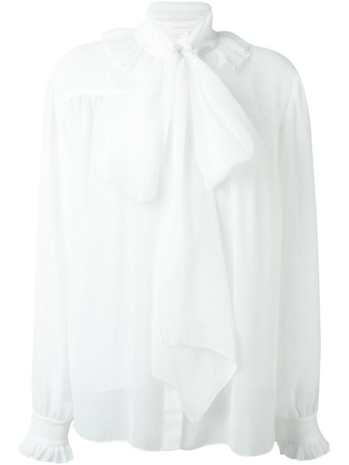 See By Chloé Ruffled Pussy Bow Shirt, Women's, Size: 38, White, Polyester