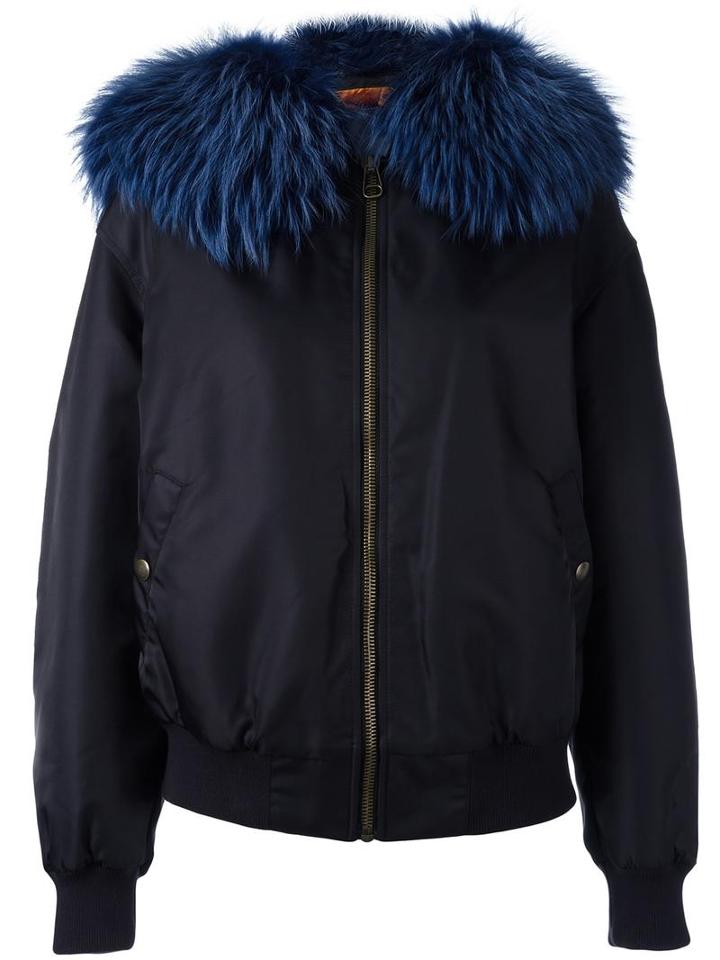 Mr & Mrs Italy Fur Collar Bomber Jacket, Women's, Size: Xs, Blue, Racoon Fur/polyamide/polyurethane/viscose