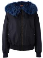 Mr & Mrs Italy Fur Collar Bomber Jacket, Women's, Size: Xs, Blue, Racoon Fur/polyamide/polyurethane/viscose