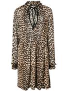Ganni Leopard Print Ruffle Neck Dress - Brown