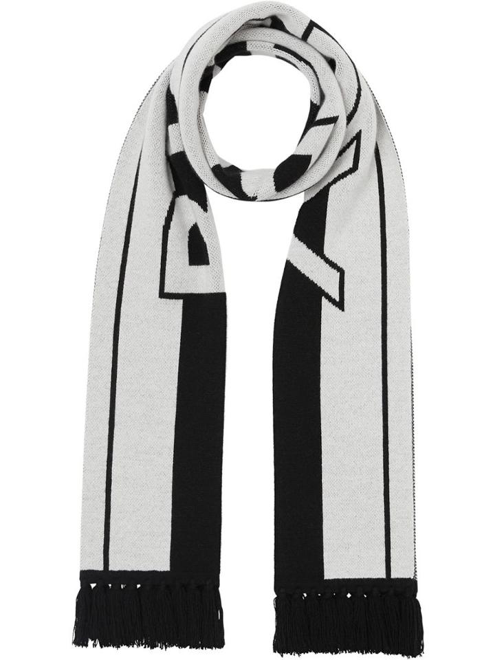 Burberry Logo Cashmere Jacquard Scarf - White