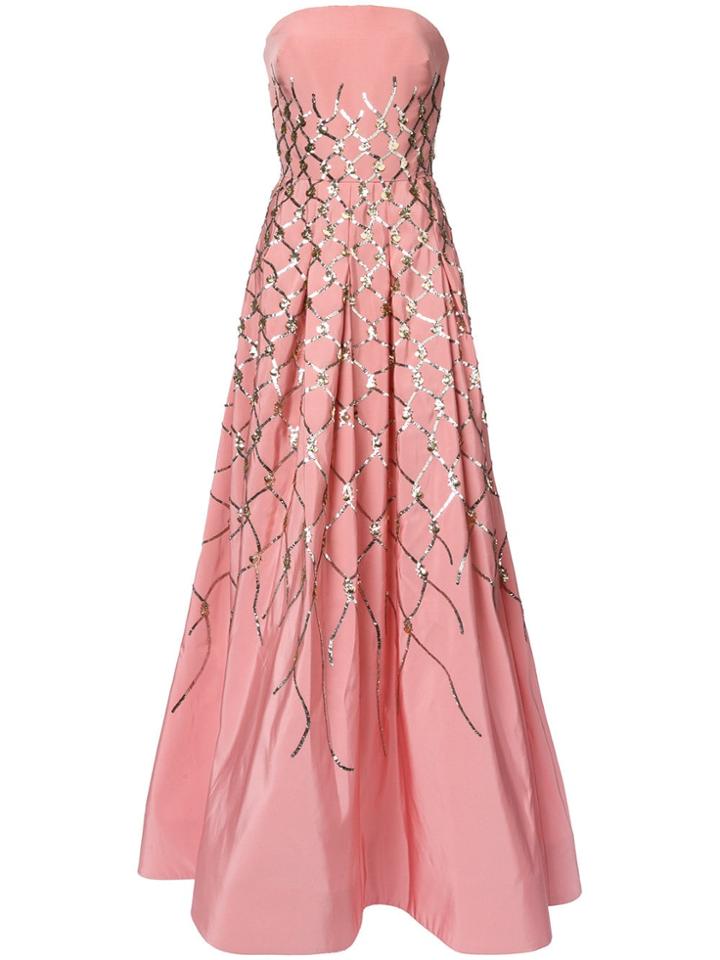 Oscar De La Renta Sequin Fishnet Embroidered Gown - Pink & Purple