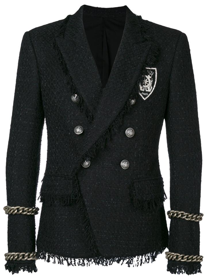 Balmain Double Breasted Tweed Jacket - Black