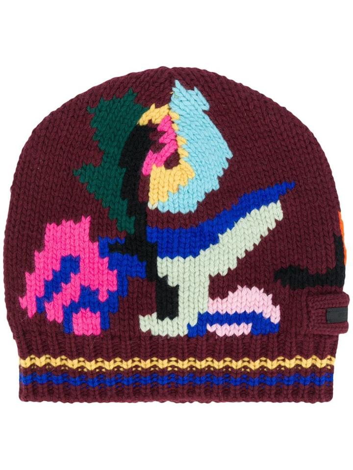 Prada Fantasy Intarsia Beanie - Red